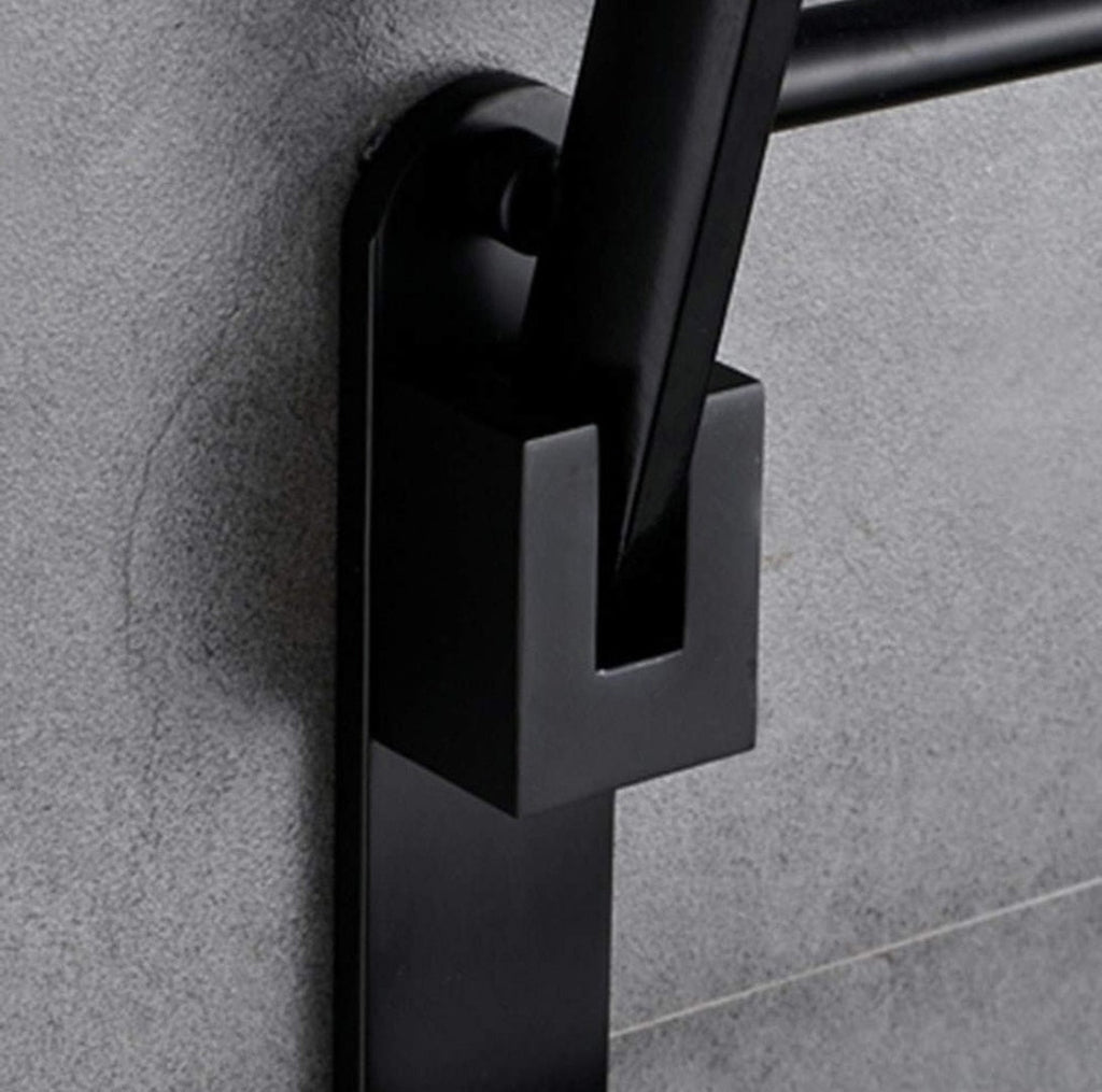 Toallero doble plegable de acero inoxidable negro para baño o cocina con barra abatible y diseño de pared.