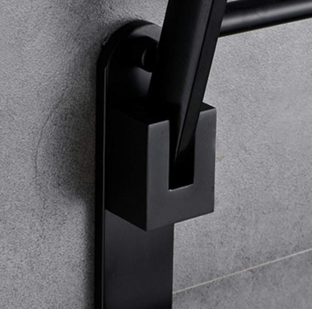 Toallero doble plegable de acero inoxidable negro para baño o cocina con barra abatible y diseño de pared.
