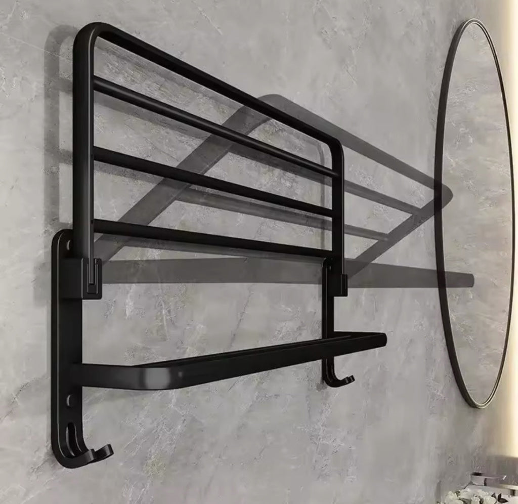 Toallero doble plegable de acero inoxidable negro para baño o cocina con barra abatible y diseño de pared.