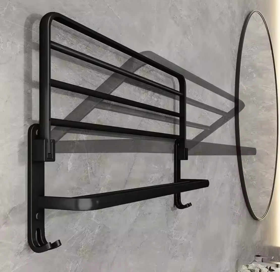 Toallero doble plegable de acero inoxidable negro para baño o cocina con barra abatible y diseño de pared.