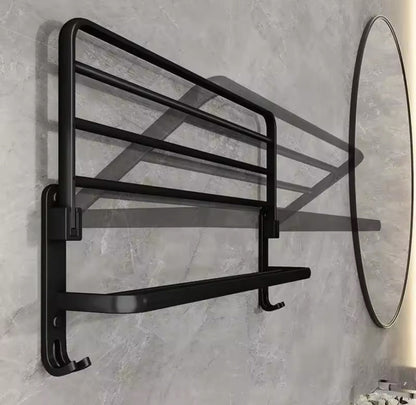 Toallero doble plegable de acero inoxidable negro para baño o cocina con barra abatible y diseño de pared.