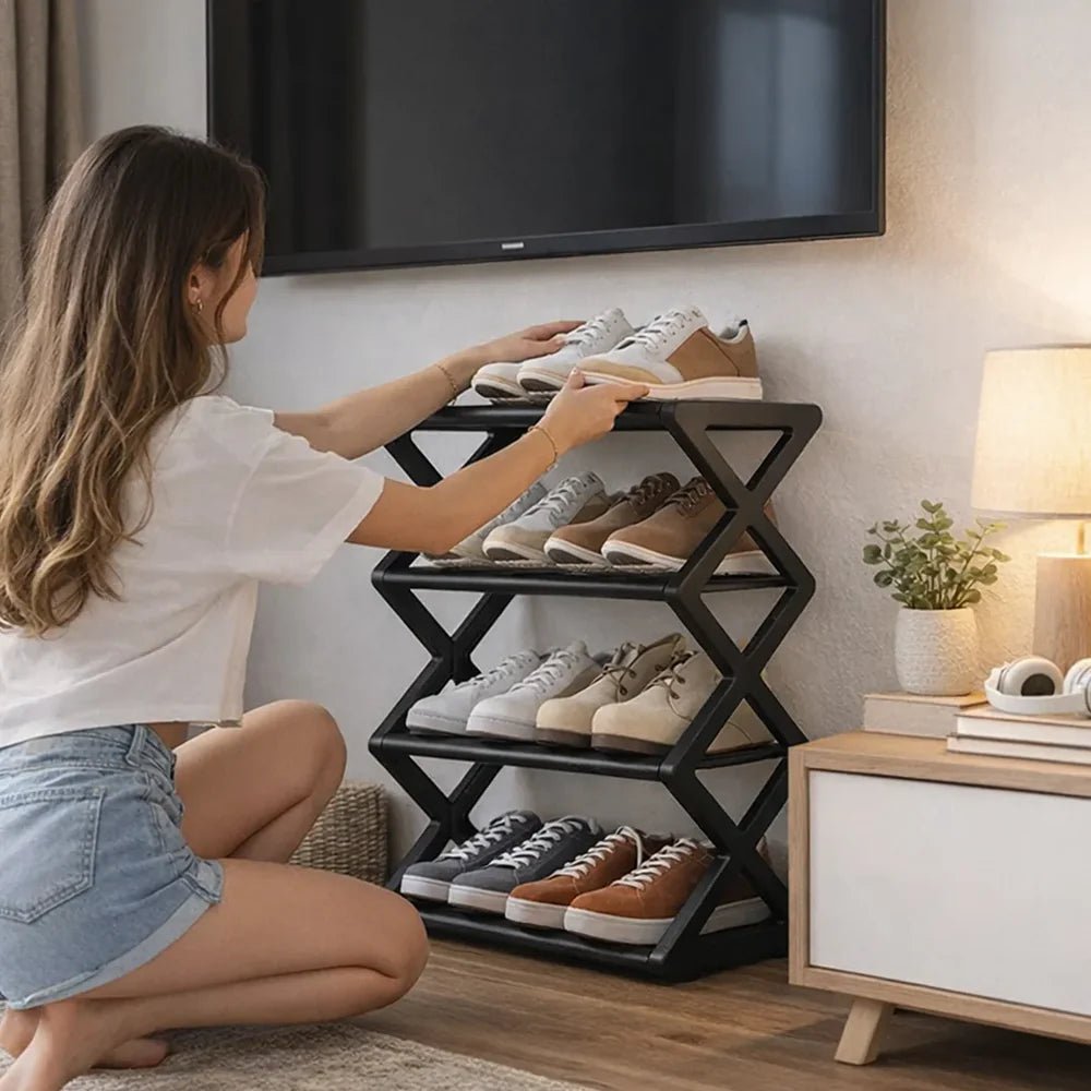 Zapatera rack vertical organizadora de zapatos para 8 pares, ideal para ahorrar espacio y mantener el calzado ordenado.